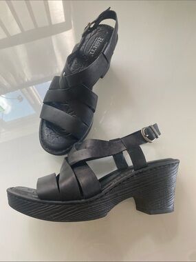 Born Black leather Strappy Wedge Sandals with Buckle